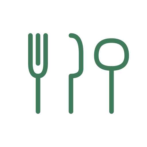 Grünes Besteck-Icon mit Gabel, Messer und Löffel für frische Mitarbeiterverpflegung.