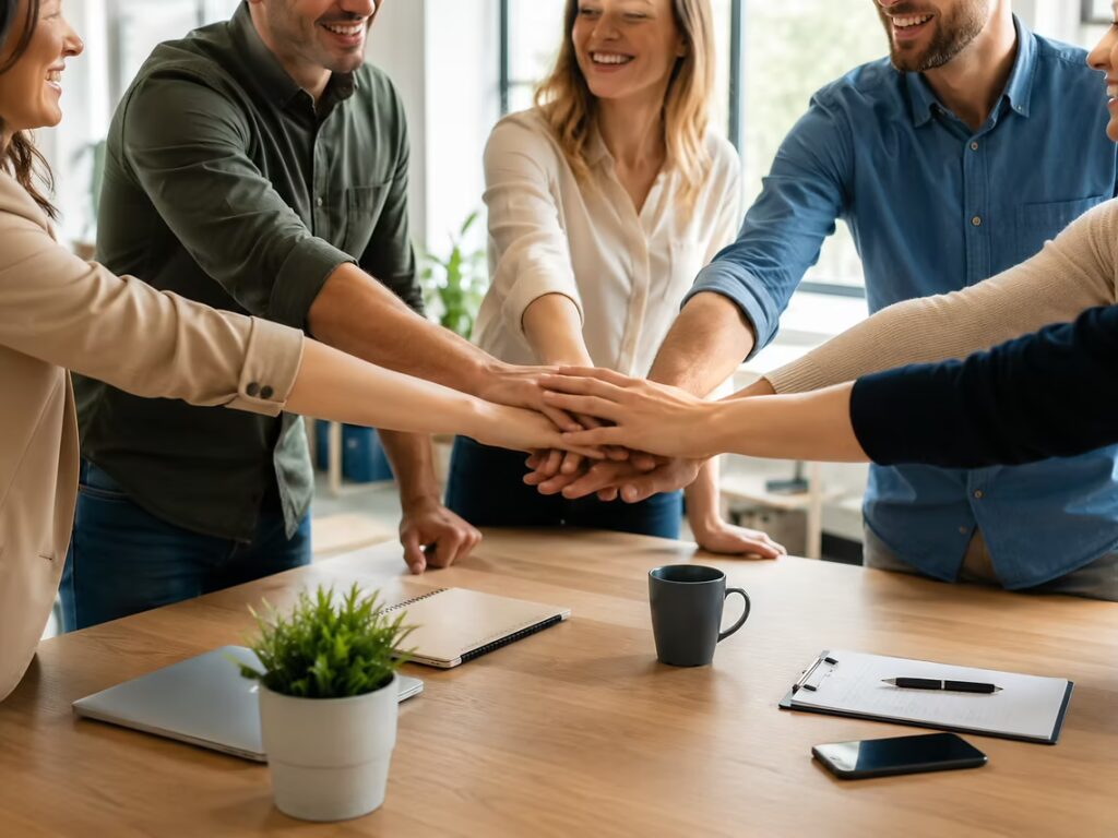 Ein lächelndes Team legt die Hände zusammen, gestärkt durch gesunde Mitarbeiterverpflegung im Büro.