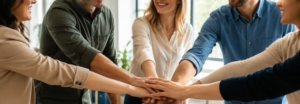 Zufriedenes Team im Büro stärkt den Zusammenhalt nach gemeinsamer Mitarbeiterverpflegung.
